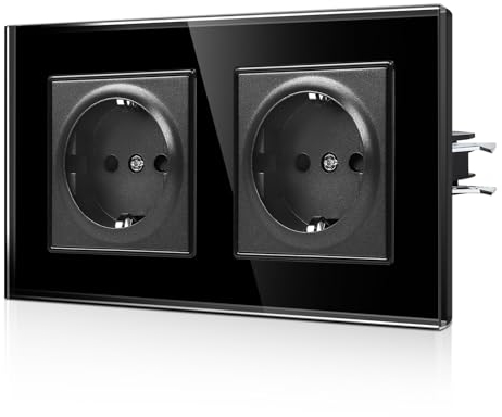 CNBINGO Schuko Doppelsteckdose mit Krallen - Zweifach Wandsteckdose mit Glasscheibe - 16Amp EU-Standard Steckdose Unterputz mit Kindersicherung - 2 Fach Schwarz