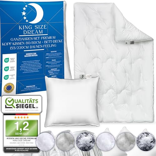 KING SIZE DREAM Premium Kissen + Bettdecke Set 155x220 & 80x80 | Nackenstützend, ergonomisch & Anti-Allergisch | Decke/Duvet & Kopfkissen / 4 Jahreszeiten