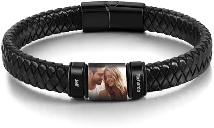 kaululu Personalisiertes Lederarmband mit Foto für Männer Herren Lederarmband Perlen mit Gravur Namen für Papa Ehemann Personalisierter Schmuck Silber Schwarz