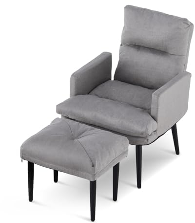 CLIPOP Ohrensessel mit Hocker, Relaxsessel mit Liegefunktion, Sessel & Ottomane, Polsterstuhl & Kissen, Fernsehsessel, TV-Sessel für Schlafzimmer, Wohnzimmer, 65x65x85 cm (Baumwoll-Leinen Hell Grau)