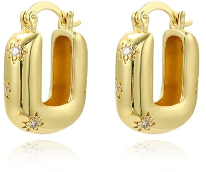 Creolen Gold Creolen Silber 925, Creolen Eckig Gold Ohrringe Silber 925 mit Zirconia, Chunky Ohrringe Gold Huggie Hoop Creolen Breit für Damen Mädchen Herren (Gold)