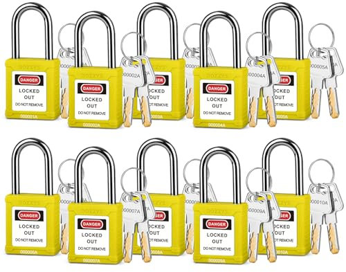 Juego de 10 candados de seguridad de nailon de bloqueo/etiquetado, amarillo, cilindro de aleación de zinc, candados de bloqueo con llave diferente, 2 llaves por cerradura de loto, para bloquear los