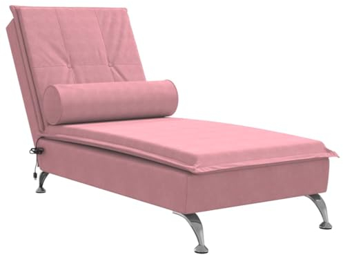 vidaXL Massage Chaiselongue mit Nackenrolle, Liegesessel mit Sperrholzlatten Metallbeine, Relaxliege für Wohnzimmer, Liegestuhl, Rosa Samt