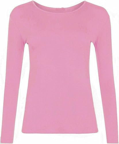 FASHION MY LOVE Women Ladies Long Sleeve Round Neck Plain Top Stretchy Casual Summer T-Shirts Basic Slim fit Tee Tops UK Plus Size 8-26 Rose Pink