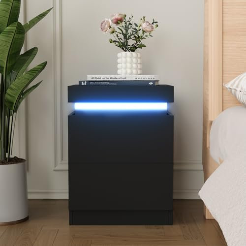 YOURLITE Bedside Table with 2 Drawers, Modern Bedside Cabinet with Charging Station and LED Lights, Nightstand with Sliding Top, Bed Cabinet Chest of Drawers Living Room Bedroom Furniture, Black