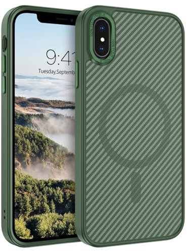 BENTOBEN Cover Magnetica per iPhone X, Cover per iPhone XS Con Design in Fibra di Carbonio [Compatibile con Magsafe] Custodia per Telefono Antiurto Sottile Antigraffio Opaca per iPhone X/XS - Verde
