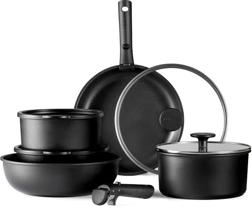 CAROTE Lot de 11 casseroles antiadhésives avec poignées amovibles, compatibles avec plaques à induction, passent au four/lave-vaisselle, sans PTFE/PFOA, Noir