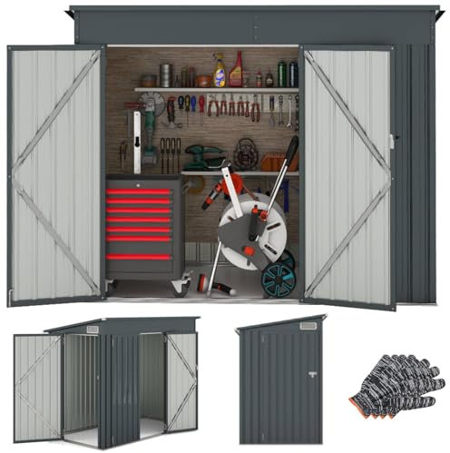 TANGZON 8 x 4FT Metal Garden Shed, Heavy Duty Galvanized Steel Outdoor Tool Storage House with 2 Doors, Top Sloping Design, Air Vents, Trash Can Bike Tool Toy Utility Gardening Shed Box for Patio Lawn