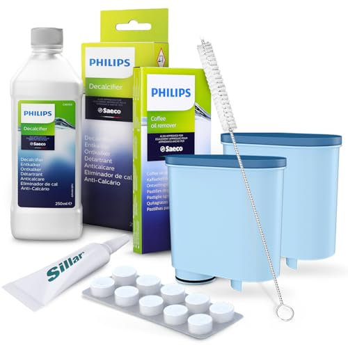 Philips AquaClean - Kit completo per macchine da caffè disincrostante 250 ml, grasso HD5061, sgrassante CA6704/10 (6 compresse) + Sillar 2x filtro acqua sostitutivo per CA6903, spazzola per pulizia