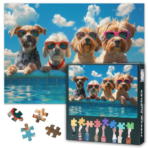 1000 Piece Puzzle for Adults Dogs in the Swimming Pool Puzzles Teens Educational Toys for Home Bedroom Hallway Decoration Interesting Intellectual Challenge Finished Size: 70x50cm