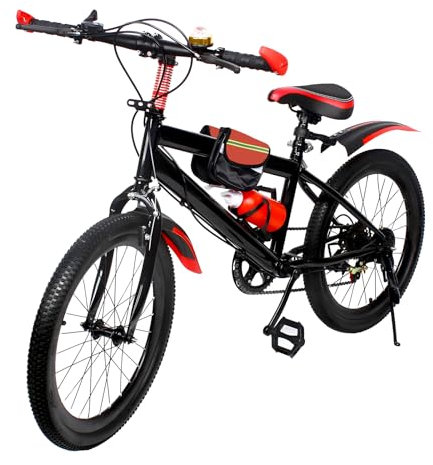 Madelynn Mountainbike 20 Zoll Kinderfahrrad 7 Gang Kinder Fahrrad mit Kompass-Glocke Wasserkocher&Halterung Schutzbleche Tragfähigkeit 85KG Verstellbares Design (Schwarz, Rot)