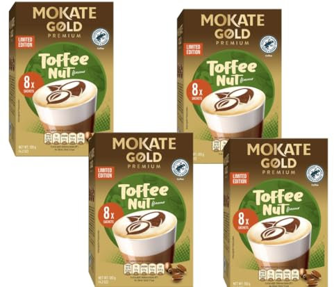 Mokate Gold Toffee Nut Flavour Latte – Instant Coffee Drink Powder | Limited Edition | 4 Packs of 8 (24 Sachets) | Frothy, Smooth & Creamy | Indulgent Toffee Nut Flavour | Great For Home & Office