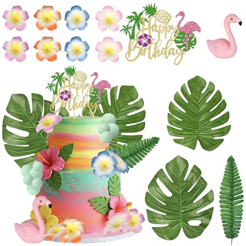 23 Stück Flamingo Tortendeko Figur Hibiskus Blüten Palmblätter Kuchen Deko Runde Kugel Cake Toppers für Sommer Hawaiian Beach Tropical Luau Thema Baby Dusche Geburtstag Party Kuchen Dekorationen