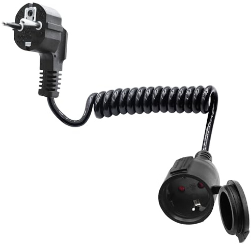 LANMINGLEL Cable Espiral de Contacto de Protección Extensible Schuko, Cable de Extensión Schuko,extensión de Enchufe de Cable de Red, 3x1,0 mm² 5A 230V IP44 para el hogar (90 Grados, Negro, 1)