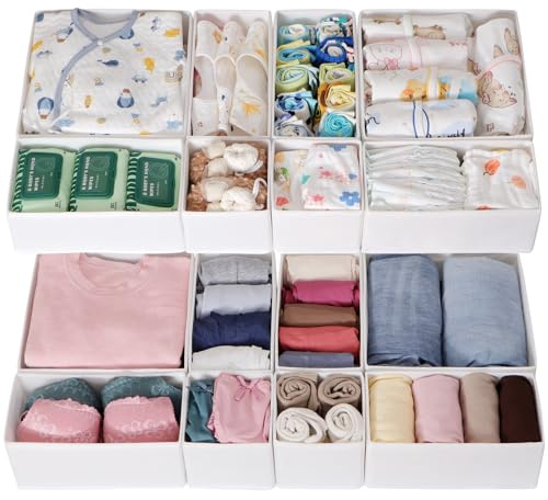 ORLISA 16 Stück Schubladen-Organizer, kompatibel mit Hemnes Kommode, faltbare Aufbewahrungsboxen für Kleidung, modulare Verwendung für Kleiderschränke und Wickeltische, Weiß