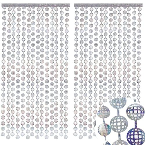 Vsosfiza 2X Disco-Vorhang (1x2m) - Silberne Discokugel-Girlanden für 80er-Party, Junggesellinnenabschied & Schulball-Deko