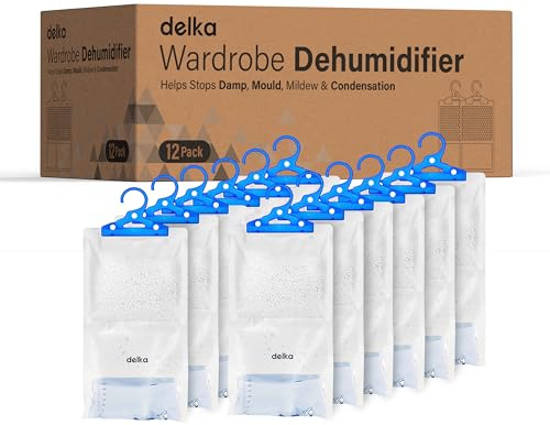 Delka 12 Pack Wardrobe Dehumidifier Hanging Bags, Trap Condensation, Moisture Absorber, Prevents Damp, Mould 210g each Leak-Proof Bag, Dehumidifier for Home, Kitchen, Wardrobe, Bedroom, Garage, Office