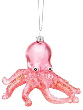 Novelty Glass Octopus Bauble, Pink Christmas Decoration, Pink Glitter Octopus Quirky Christmas Tree Decoration, Under The Sea Christmas Tree Ornament, Hanging Sea Animal Seaside Xmas Ornament