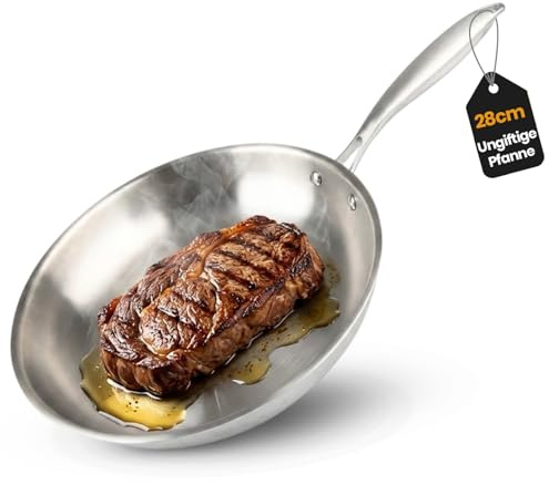 MISL HOME - Pfanne 28 cm - Stainless Steel Pan – Edelstahlpfanne unbeschichtet - Edelstahlpfanne 28 cm - für Gas, Elektro & Ceran geeignet –ideale Bratpfanne für Fleisch,Gemüse & vielseitiges Kochen