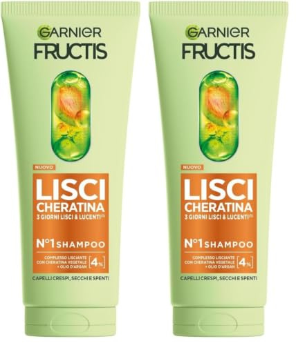 Garnier Fructis Shampoo, Per Capelli Lisci e Lucenti a Lungo, Effetto Anti-Crespo, Trattamento Lisciante alla Cheratina Vegetale e Olio di Argan, Lisci Cheratina, 200 ml (Confezione da 2)