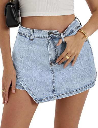 Jeanskjol dam kort hög midja mini denim kjol casual stretch minikjol trendiga jeans kjol med fickor, B-ljusblå, L