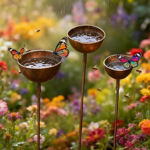 Xevinas Gartendeko Vintage Rost Gartenstecker Metall Vogeltränke Garten Balkon Blumenform Insektentränke Für Draußen Wetterfest (A)