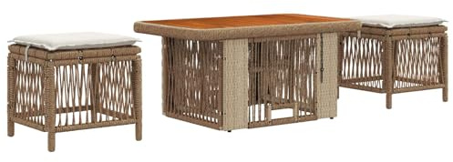 vidaXL Garten Essgruppe mit Kissen 3 pcs Beige und Creme Poly-Rattan, Garten Essgruppe, rustikal, wetterfest, höhenverstellbarer Tisch für Outdoor-Treffen, modernes Freizeitmöbel