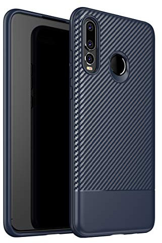 ZSCHAO Funda para Huawei P30 Lite Fibra de Carbono Silicona Slim Fina antigolpes +Cristal Templado TPU Carcasa Funda Compatible con Huawei P30 Lite Carbon Ultrafina Libro Mate Case Cover Bumper Azul