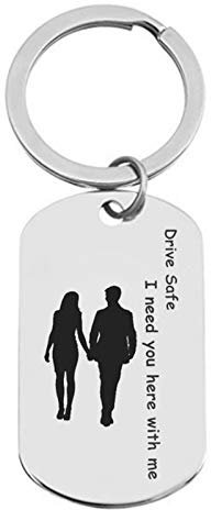 Daesar His and Her Keychain for Couples Keychains Stainless Steel Dog Tag Engraved Drive Safe I Need You here with me. Silver Keychain Women