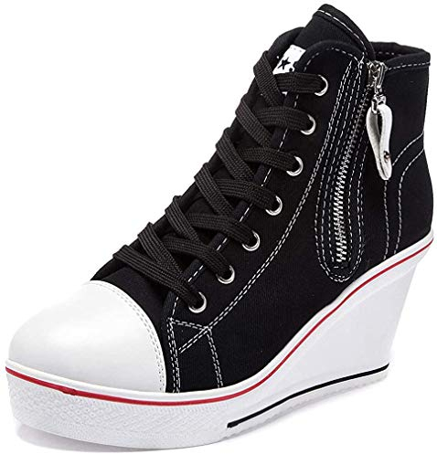 High-Top-Keilschuhe für Damen, EU-Größe 35-43, Leinen, Casual-Stil, für Frühling / Sommer, Keilabsatz, - 03 Schwarz - Größe: 39 EU