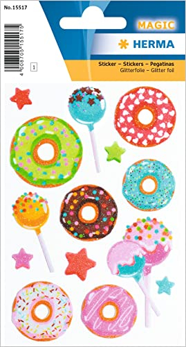 HERMA 15517 Aufkleber Lutscher Glitzer klein groß, 14 Stück, Donut Sticker mit Lolli Lillipop Sterne Motiv, Kinder Etiketten für Fotoalbum Tagebuch Poesiealbum Scrapbooking Geburtstag Deko Briefe DIY
