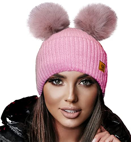 4sold Miki Farbe Damen Wintermütze Wolle Strickmütze Mit Doppelten Pom Pom Cap Ski Snowboard Bobble (Megi Pink)