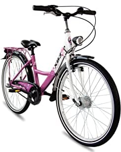 XB3 24 Zoll Mädchen-Kinder-Fahrrad Nabendynamo, 3 Gang Nabenschaltung, Rücktrittbremse, City-Damen-Bike, StVO, LED-Licht pink