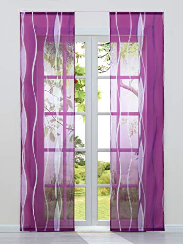 HeichkelL 2-TLG Voile Schiebegardine Flächenvorhänge mit Wellendruck Transparente Dekogardinen inkl. Klettband und Befestigungszubehör Violett 2X 57x145 cm
