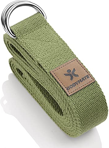 BODYMATE Yogagurt Mit Metallverschluss - Band für Anfänger und Fortgeschrittene, Schlaufe aus 100% Baumwolle, 250cm Lang und 3,8cm Breit, Olivgrün