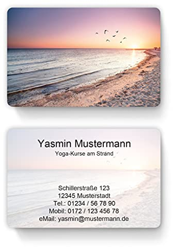 100 Visitenkarten, laminiert, 85 x 55 mm, inkl. Kartenspender - Strand Meer Sonnenuntergang
