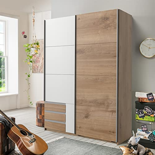 möbelando Schwebetürenschrank Schiebetürenschrank Schrank Schlafzimmer Schrank Eugenio I Plankeneiche/Weiß