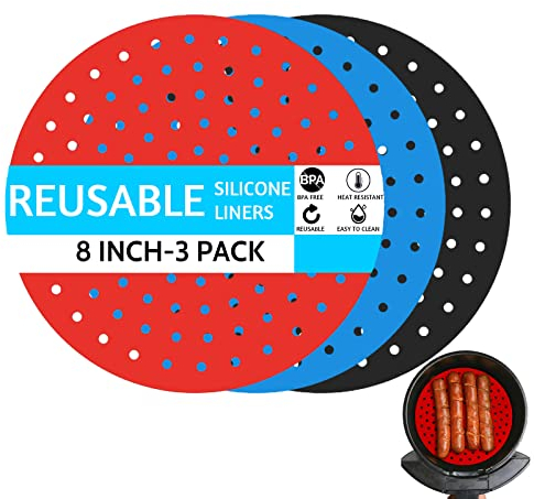 ADQOO Air Fryer Liners, 3 Pack 8 Inch Round Non-Stick Reusable Silicone Mats, 100 Percent Food-Grade, Easy Clean Kitchen Mat Accessories For NINJA, Instant Pot Duo, Power XL, Foodi, and More, Red