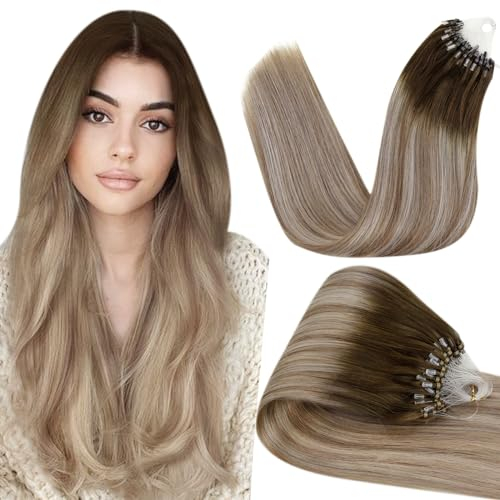 Hetto Microring Extensions Echthaar Ombre Extensions Echthaar Microring Balayage Mittel Braun to Ash Blond Invisible Micro Loop Remy Haarverlangerung 50 stück 50g 35 cm #3/8/22