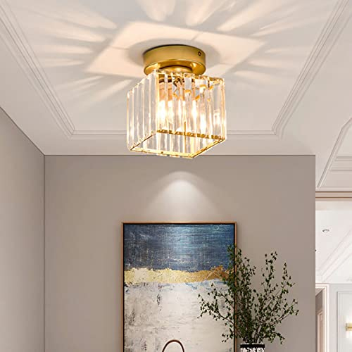 Sxtiger Moderne Kristall Deckenleuchte, Mini Golden Kristall Deckenlampe E27 Quadratische Lampenschirm Kristall Kronleuchter, Für Flur Eingang Küche Schlafzimmer Wohnzimmer Lampe(Gold)