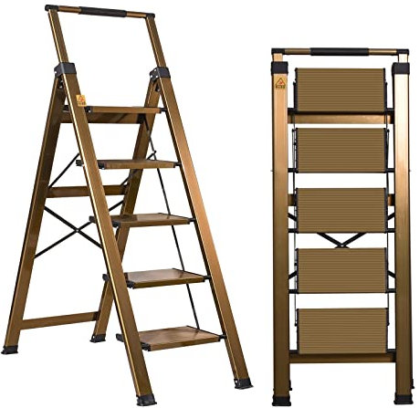 XinSunho 5 Step Ladder, Aluminum 5 Step Stool with Retractable Handrail and Anti-Slip Wide Pedal, Folding Stool Ladders 5 Steps, 330lbs Safety Household Slim Ladder