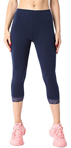 Bellivalini Damen 3/4 Capri Leggings aus Bio-Baumwolle mit Spitze für Tunika BLV50-224 (Dunkelblau, L)