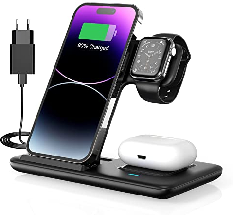 3 In 1 Wireless Charger,Faltbarer Induktive Ladestation,Kabelloses Ladegerät für iPhone 14 13 12 11 Pro Max/Se 3/Xs/Xr/X/8+,Galaxy S22 S21/S20,für Apple Watch 7/6/Se/5/4/3/2/1,für Airpods Pro/2