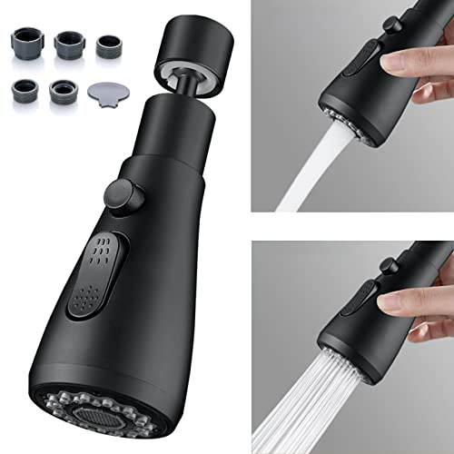 Kitchen Spray Head 360° Swivel Spout FM22 M24 Sink Tap Attachment With 2 Modes Black Nozzle Aerator Pressurised for Replacement With 5 Adapter