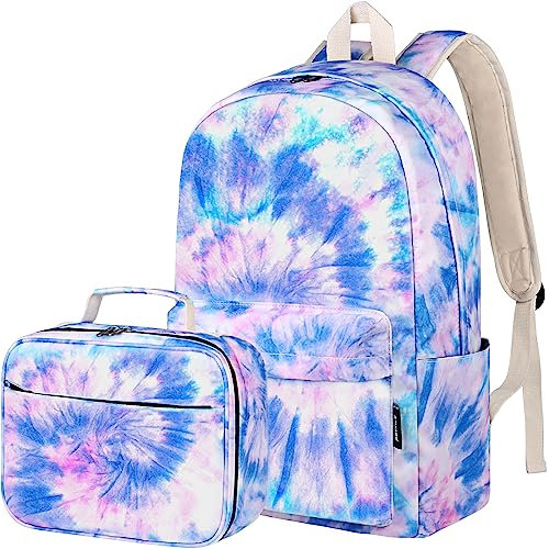 Airyard Mochila para niñas, mochila escolar para adolescentes, ligera, 2 en 1, mochila para niñas con lonchera, mochila de viaje para laptop, mochilas casuales (teñido anudado azul morado)