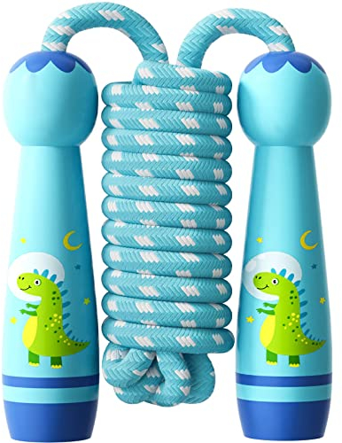 JunD Corde Enfant, Corde à Sauter Enfant 2,5m Bois Réglable Poignée Antidérapantes Corde De Coton Colorée Jump Rope Pour Garçon Fille Fitness Training Exercice Activités De Plein Air (Dinosaure)