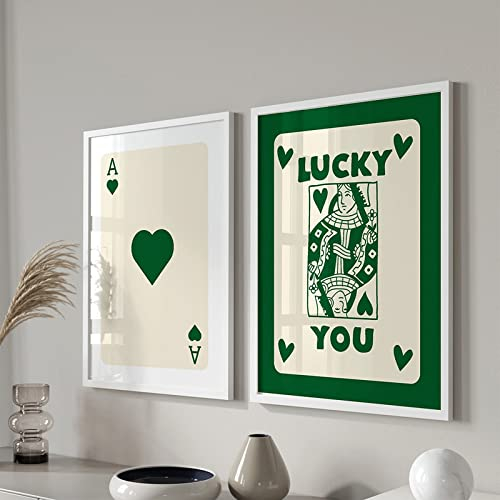 YZNLOQ Trendiges Retro-Poster-Set, 2er-Set, Glücks-You-Karten-Poster, grünes Ass-Karten-Poster für Wohnzimmer, Lucky You Queen of Hearts Leinwandmalerei, Pokerkarten, Retro-Wandkunst, ästhetisch, 40,6