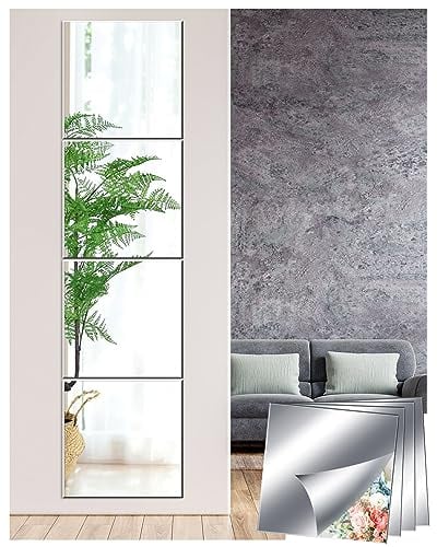 Sqinor Self Adhesive Acrylic Mirror Stick On Full Length Mirrors, Sticky Plexiglass Mirror Tiles Mirror Wall Stickers Door Full Body Mirror Long Wall Mirrors for Bedroom Living Room Gym Hallway Walls