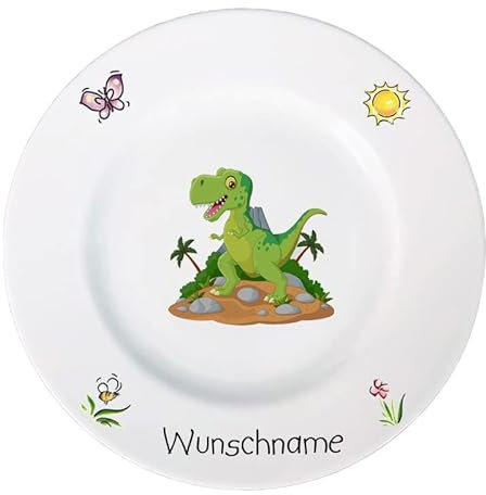 Doriantrade Frühstücksteller Kinderteller Teller Porzellan personalisierbar mit Wunschname Name Kindergeschirr mit Namen personalisiert (Dinosaurier)