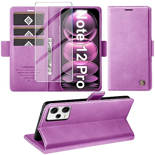 Giyer Handyhülle für Xiaomi Redmi Note 12 Pro 5G Hülle mit Displayschutzfolie, Schutzhülle Note 12 Pro PU Leder Wallet Flip Case Ständer Kartenfach Klapphülle für Xiaomi Note 12 Pro Tache (Lila)